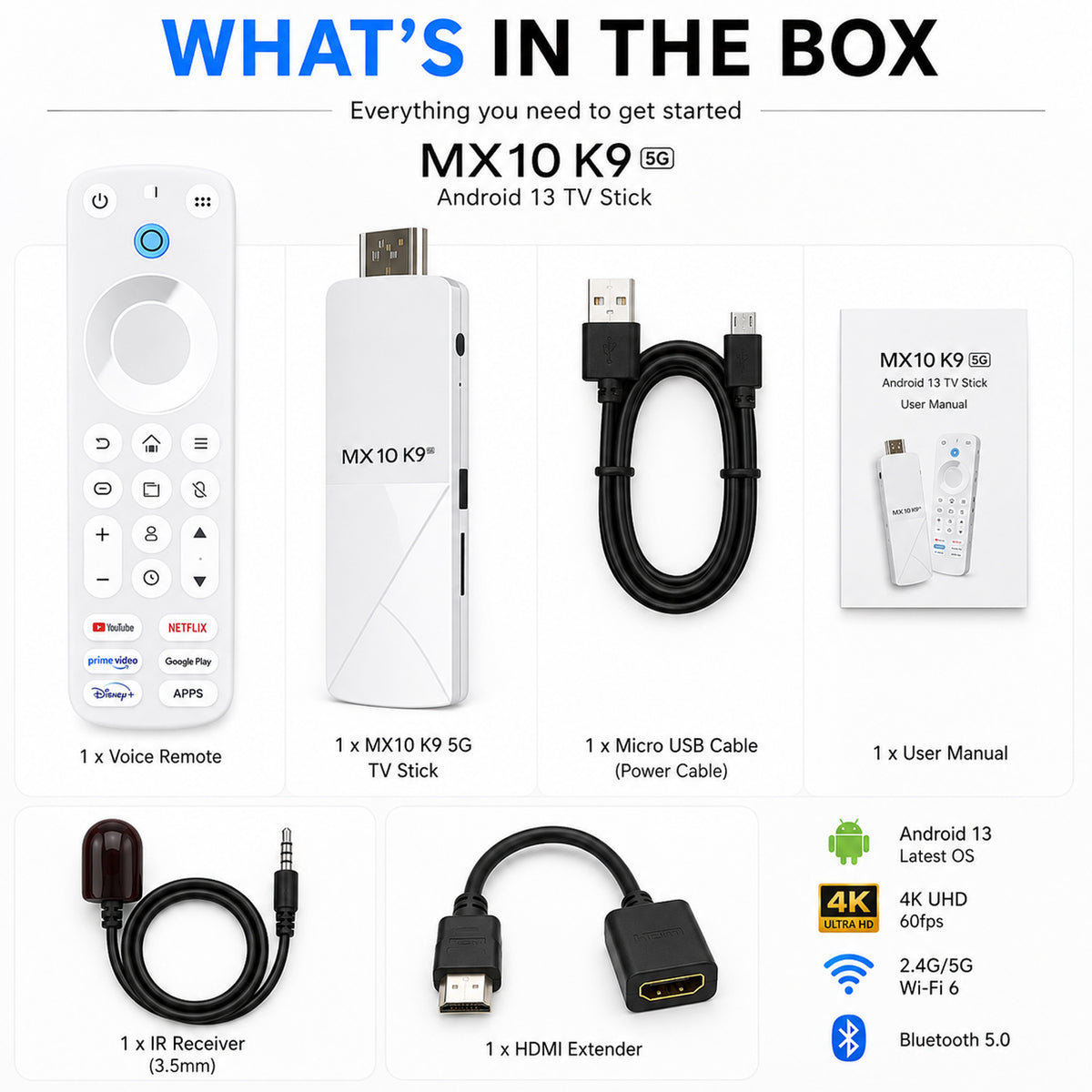 MX10 Android TV Stick 2GB RAM 16GB ROM | Up to 4K Ultra HD | Dual Band WiFi | Bluetooth | Smart TV Media Player
