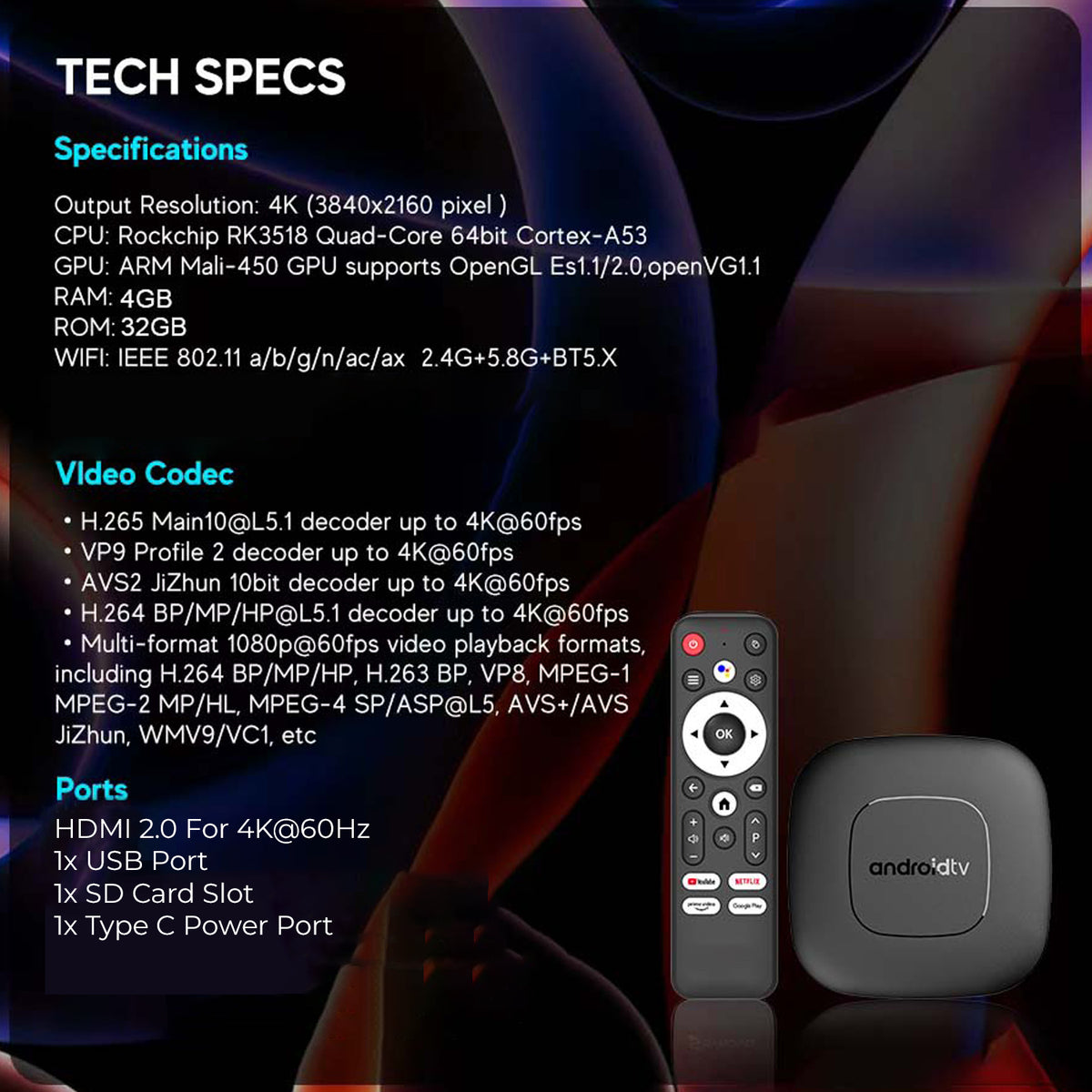 Q2 Android TV Box Android 16.0 4GB RAM 32GB ROM Free HDMI