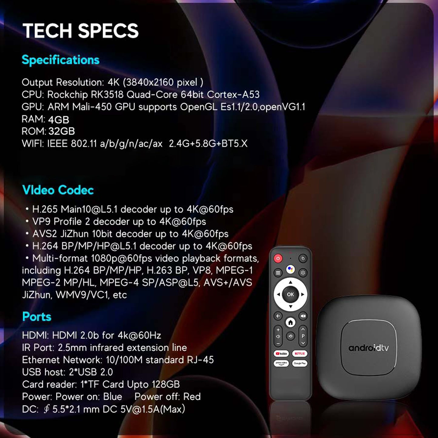 Q2 Android TV Box – 4GB RAM + 32GB Storage | Dual Band WiFi | Bluetooth 5.1 | Type-C Powered Smart TV Box