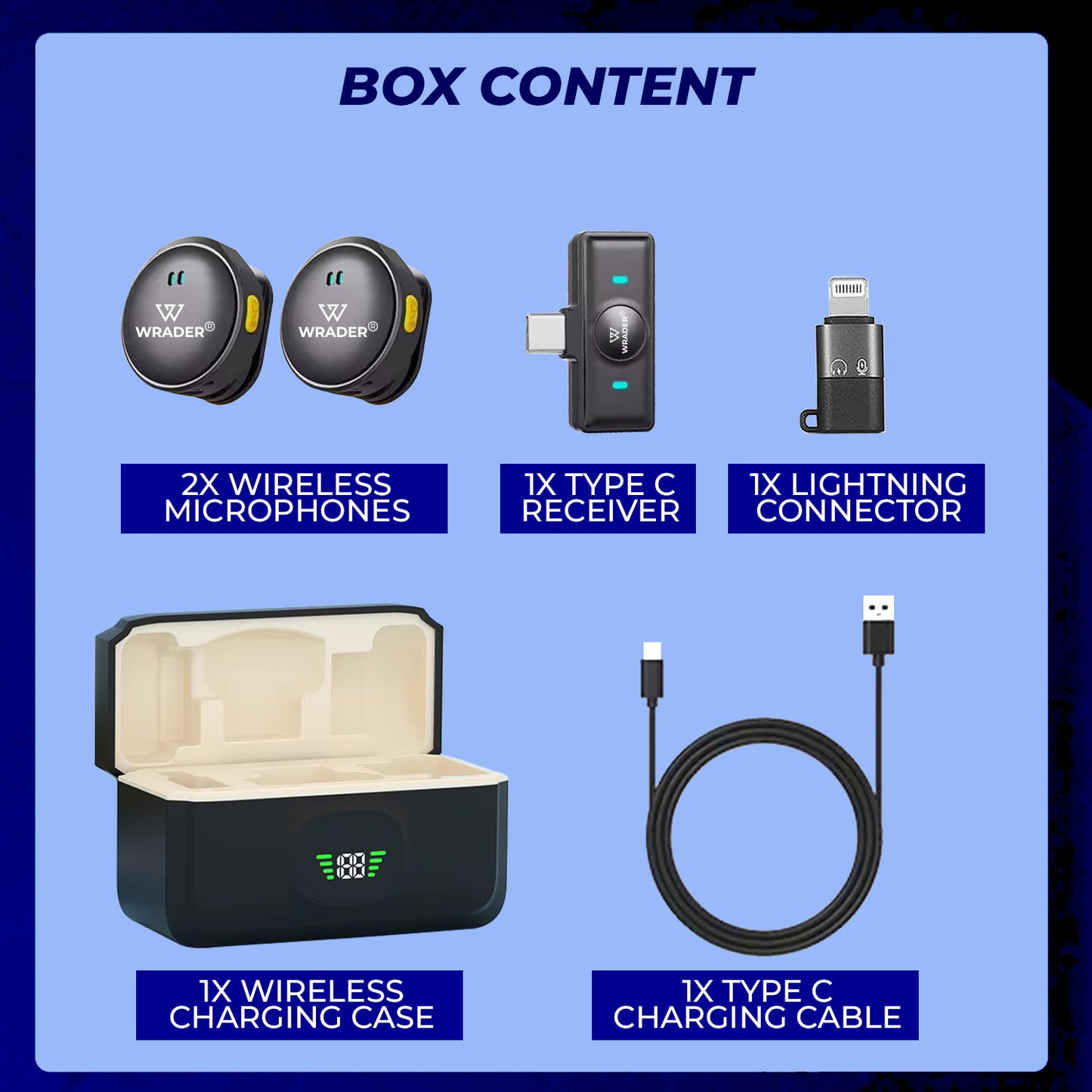Wrader Q8 Wireless Microphone | Dual Mic Set with Noise Cancellation & Charging Case with Digital Display