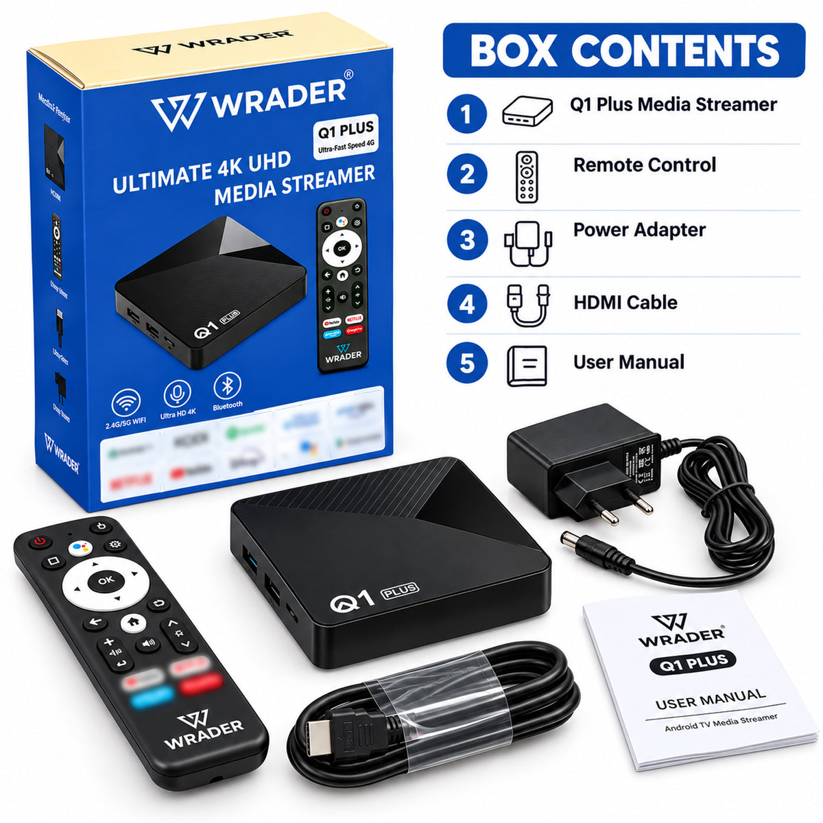 WRADER Q1 Plus Android TV Box 4GB RAM 32GB Storage | HDMI, 2 USB Ports, SD Card Slot & AV Output