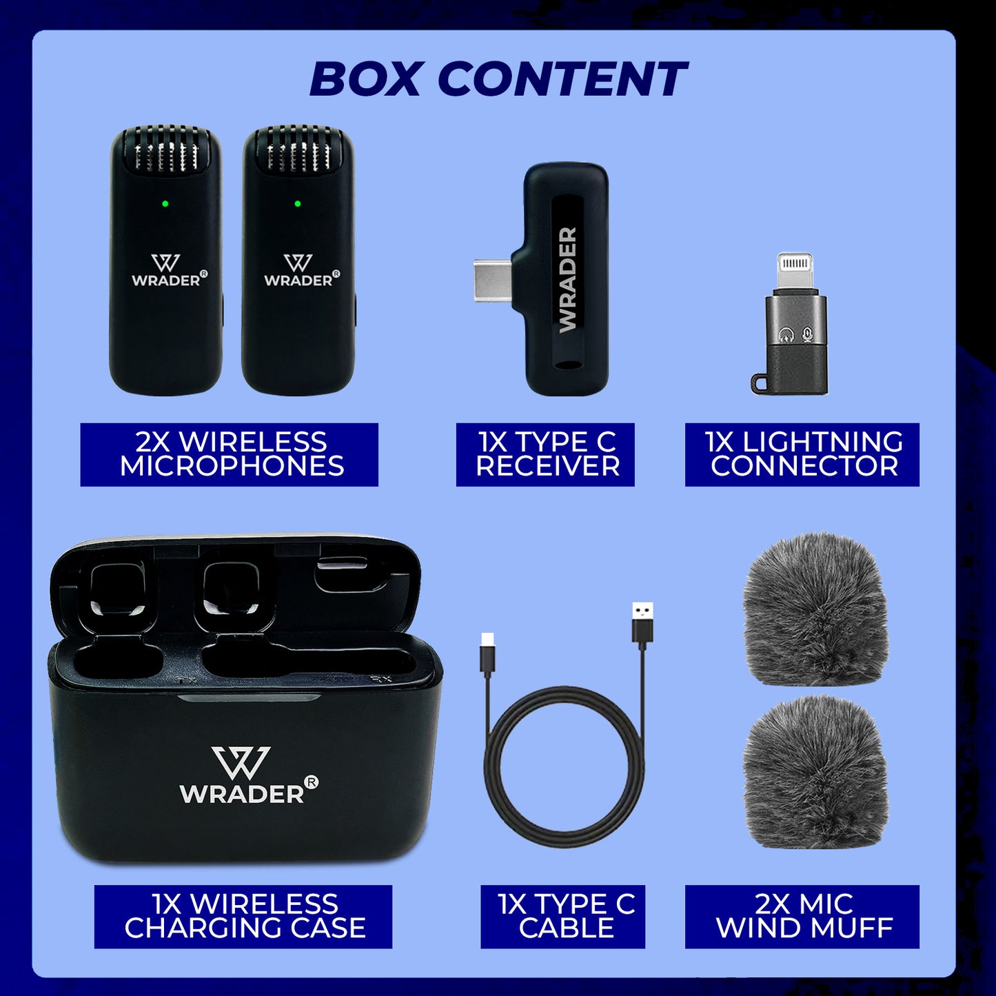 Wrader J13 Dual Wireless Microphone with Noise Cancellation, Charging Case & Mic Wind Muff for Clear Audio