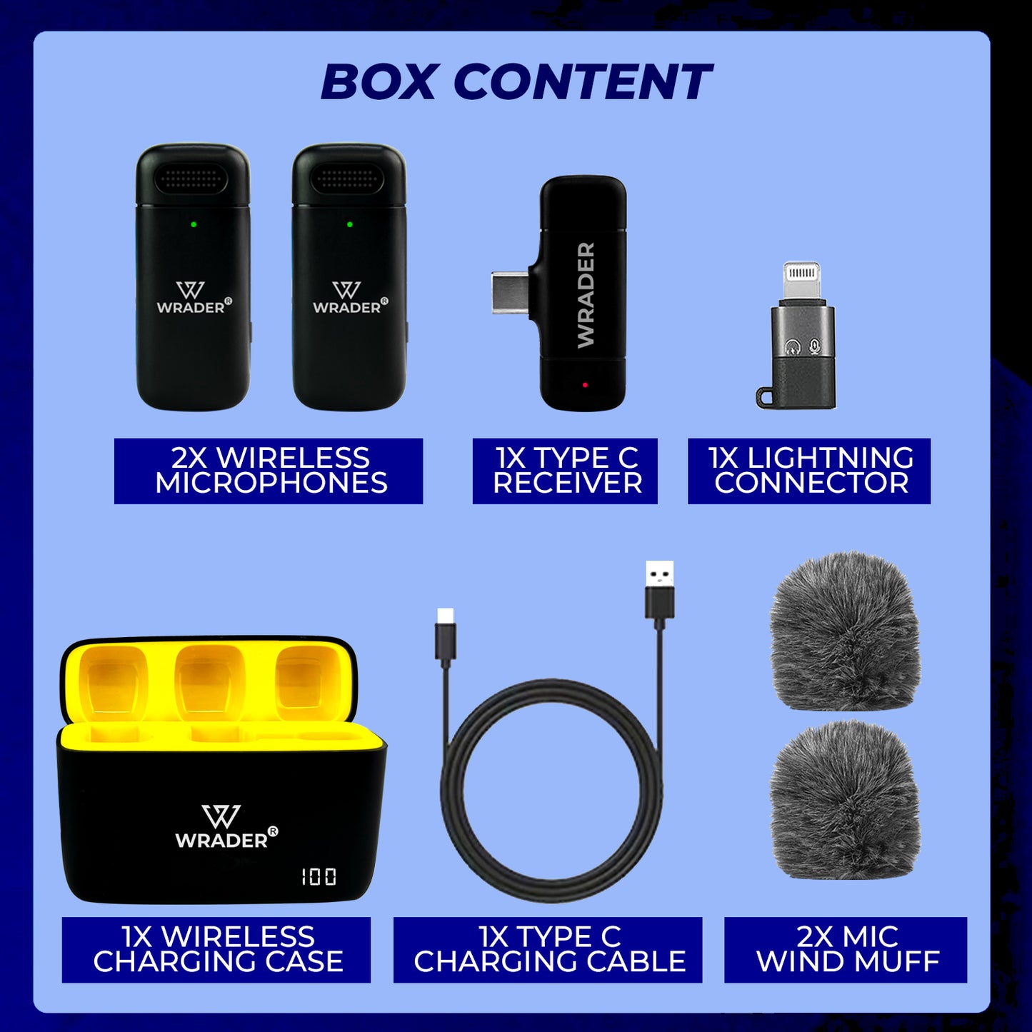 Wrader J06 Dual Wireless Microphone with Muffs & Charging Case Noise Cancellation, Mute & Reverb Mode.